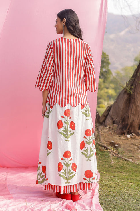 Brij Red Poppy Stripe Top & Skirt Set